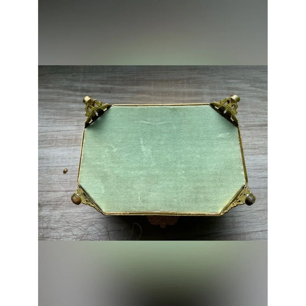 French 1920s filigree  brass & glass casket Ormolu gilt jewelry box EXCELLENT!
